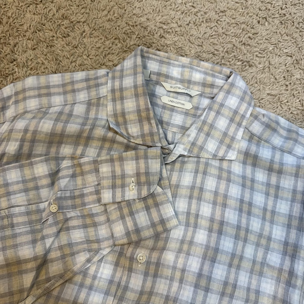 Suitsupply Shirt Mens Size 46 Gray Plaid Linen Cotton Long Sleeve Button Up